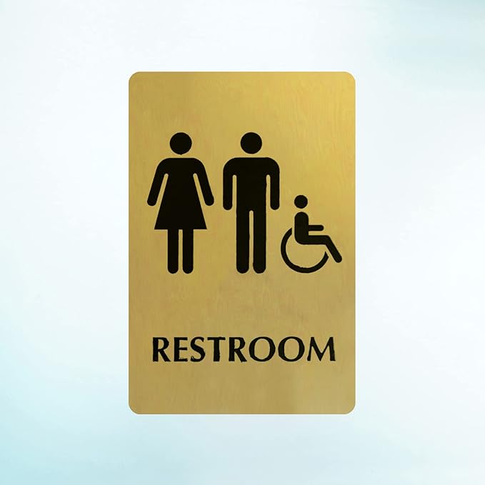 SmartSign 6 x 9 inch Unisex Restroom Sign with Men/Women/Handicap Accessible Wheelchair Pictograms, 40 mil Brass Metal, Engraved, Door/Wall Mount Bathroom Sign, Gold and Black