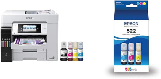 Epson EcoTank Pro ET-5850 Wireless Color All-in-One Supertank Printer, White & T522 EcoTank Ink Ultra-high Capacity Bottle Color Combo Pack (T522520-S)