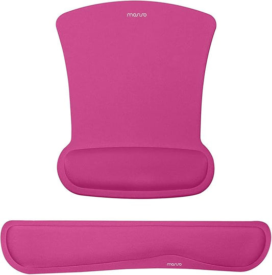 MOSISO Wrist Rest Support for Mouse Pad & Keyboard Set, Ergonomic Mousepad Non-Slip Base Home/Office Pain Relief & Easy Typing Cushion with Neoprene Cloth & Raised Memory Foam, Rose Red
