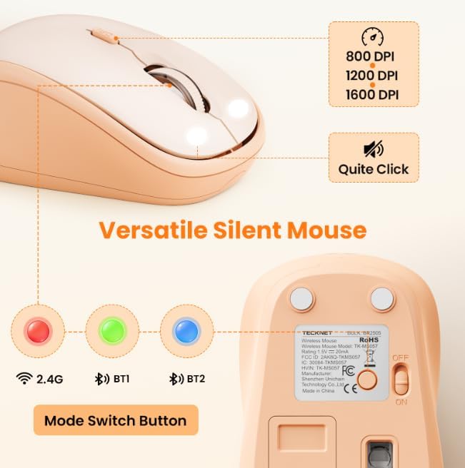 TECKNET Retro Typewriter Keyboard and Mouse Combo, Full Size 2.4G & Bluetooth Dual Mode Wireless Keyboard with Round Keycaps, Colorful Design, Ergonomic Adjustable Tilt, Spill-Resistant, for Windows