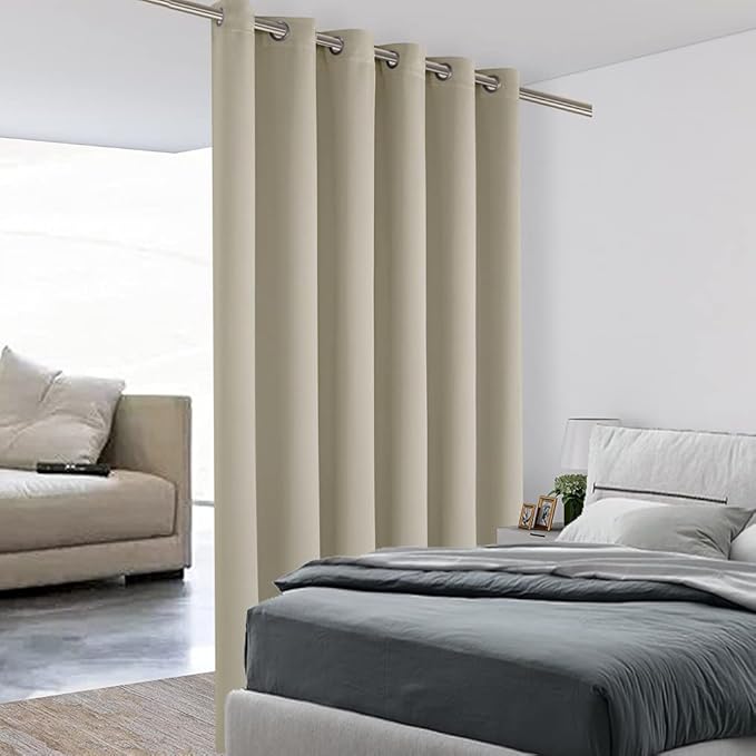 BONZER Room Divider Blackout Curtain Wide Room Darkening Total Privacy Wall Noise Reducing for Bedroom, 108L x 70W Inch (9L x 5.8W ft), 1 Panel, Cream