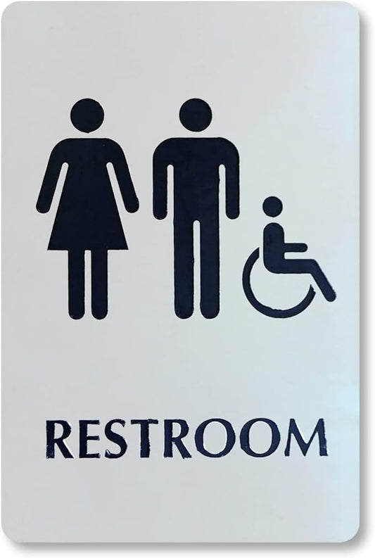 SmartSign 6 x 9 inch Unisex Restroom Sign with Men/Women/Handicap Accessible Wheelchair Pictograms, 40 mil Stainless Steel Metal, Engraved, Door/Wall Mount Bathroom Sign, Silver and Black