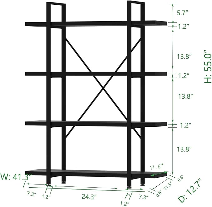 HSH 4 Tier Black Bookshelf, Industrial Metal Wood Storage Book Shelves, Modern Open 4 Shelf Bookcase and Display Etagere, Vertical Book Shelf for Bedroom Living Room Office