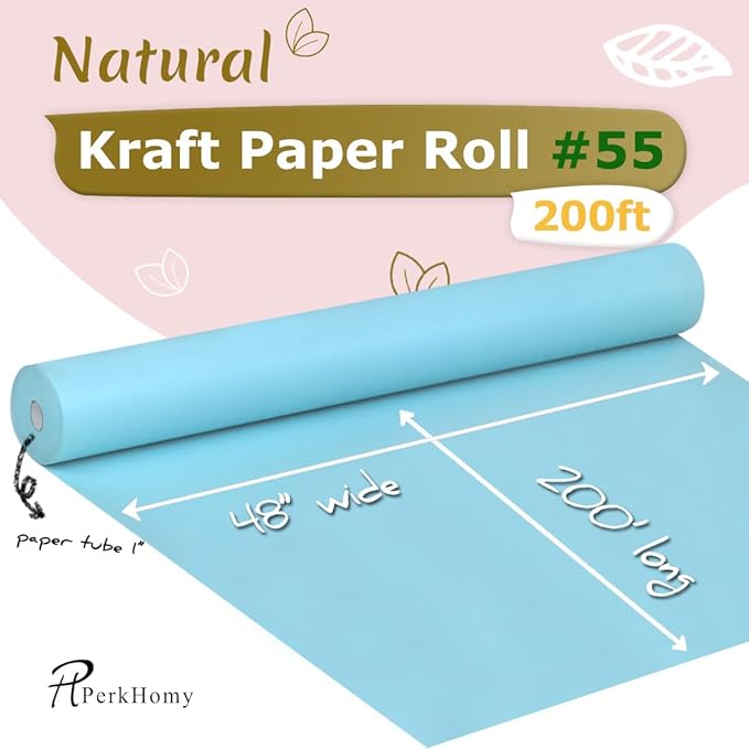 PerkHomy 48" x 2,400" (200') Light Blue Kraft Paper Roll for Craft Bulletin Board Paper Art Table Covering Crafting Gift Wrapping Bouquet Packing Parcel 80GSM 55LB (Light Blue, 48" x 200')