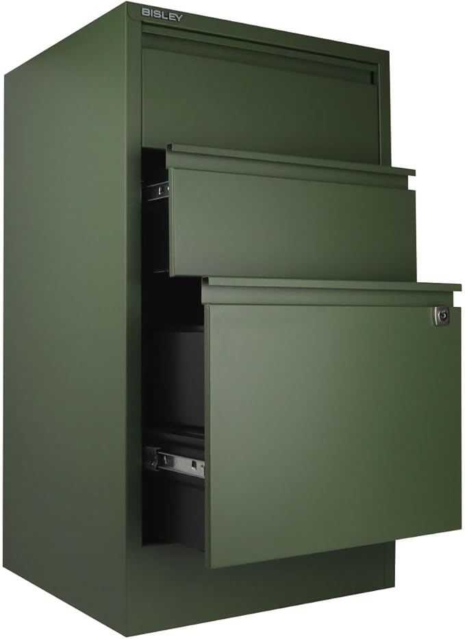 Bisley 3-Drawer Flush Front Vertical File Cabinet - Olive Green, 2 Utility Drawers + 1 Hanging File Drawer, Powder-Coated Steel, Locking Bottom Drawer