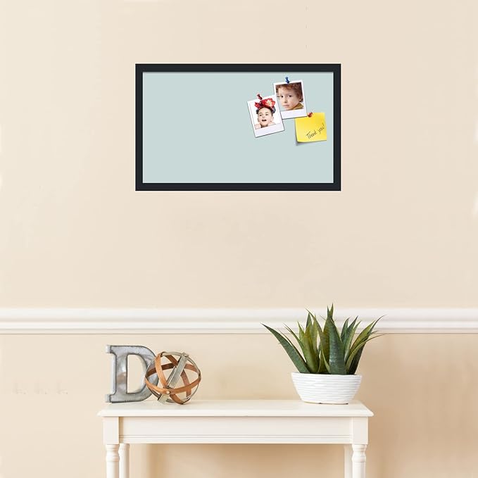 PinPix 24x14 Inch Cork Bulletin Board. This Decorative Framed Pin Board Comes with Soft Blue Design and a Satin Black Frame. Ideal for Home Office Decor or Message Board (PinPix-1814)
