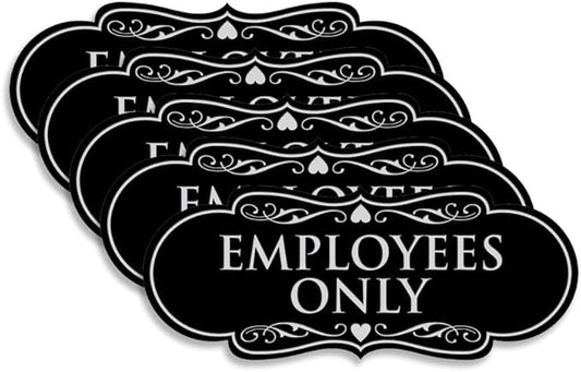 Designer EMPLOYEES ONLY Sign | Easy Installation | Office or Business Signs | Workplace Safety - Black/Silver - Medium (5 Pack)