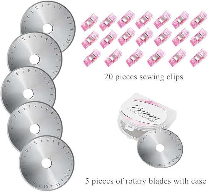 Rotary Cutter Set Pink - Quilting Kit incl. 45mm Fabric Cutter, 5 Replacement Blades, A2 Cutting Mat, Acrylic Quilting Ruler and Sewing Clips, Craft Knife Set, Ideal for Crafting, Sewing, Patchworking