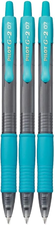 G2 Retractable Premium Gel Ink Roller Ball Pens Fine Point Fine Point (.7mm) Turquise Ink 3-pk; Refillable & Premium Comfort Grip Bundle with Plastic Reusable Pouch