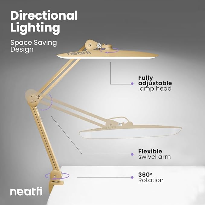 Neatfi XL 2,200 Lumens LED Task Lamp, 20W, 182 Pcs SMD LED, Dimmable, 4 Level Brightness, 3 Light Modes, Desk Light for Home, Office, Workbench (CCT, Gold)