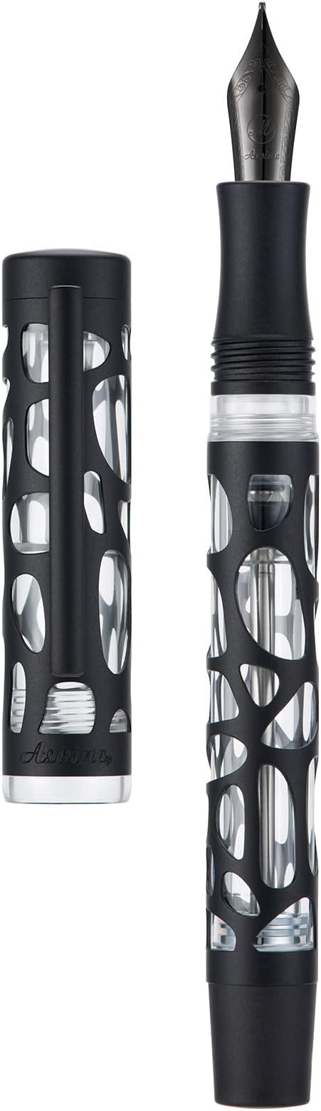 Asvine V169 Vacuum Filling Fountain Pen, Matte Black Water Drop Skeleton Transparent Acrylic Pen, Black Extra Fine Nib Office Pen with Case Set