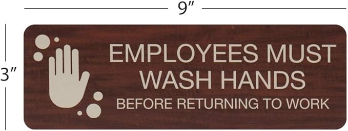 Employees Must Wash Hands Indoor Easy Adhesive Mount Door and Wall Sign for Restaurants and Small Businesses 3" x 9" - Mahogany