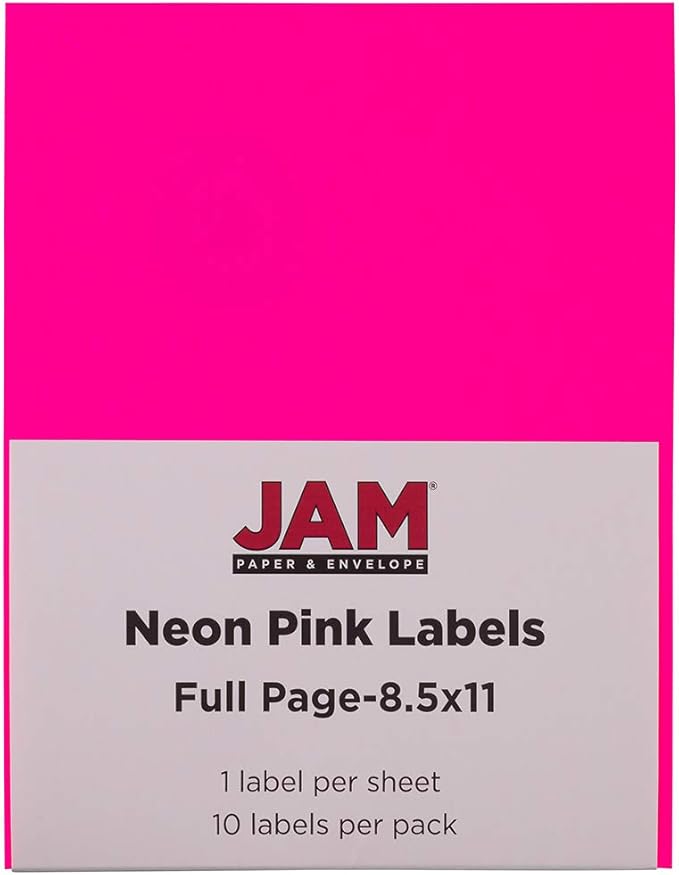 JAM PAPER Full Sheet Shipping Labels - Printable Sticker Paper - 8 1/2 x 11 - Neon Pink - 10 Full Pages/Pack