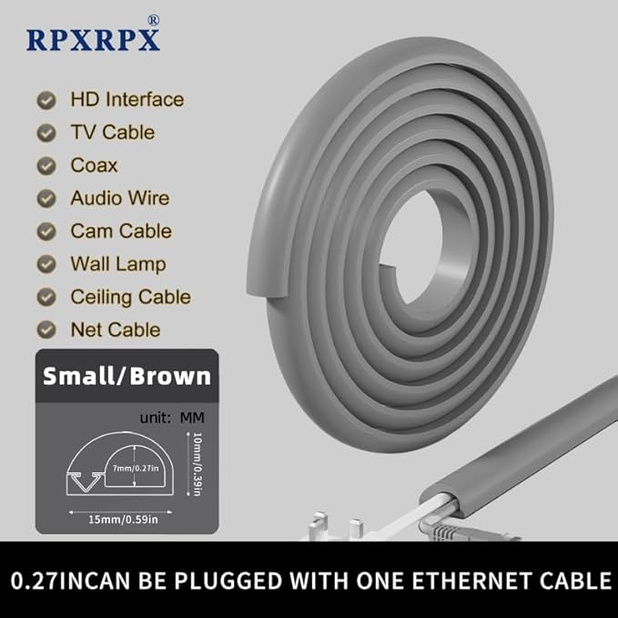 RPXRPXSide Open One Cord Cable Raceway Wire Cover for Cords, Our Cable Track is Best Suited for one Wire (Diameter <0.27"),Wire Raceway Management Cable Concealer Channel (Grey, 390in)