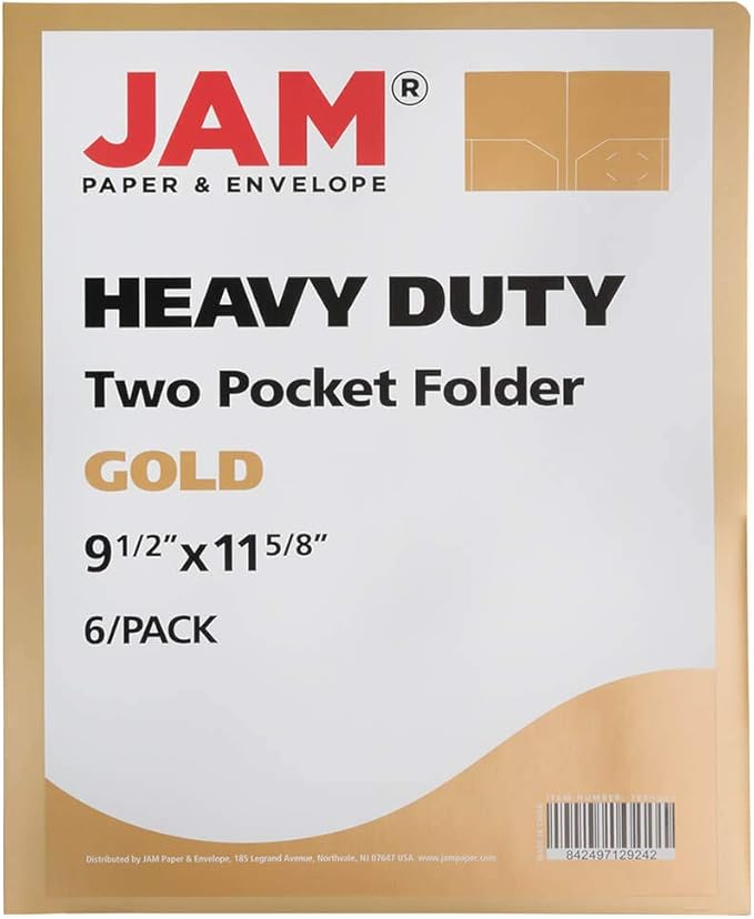 JAM PAPER Heavy Duty Plastic 2 Pocket Extra Tough School Folders - Gold - 6/Pack