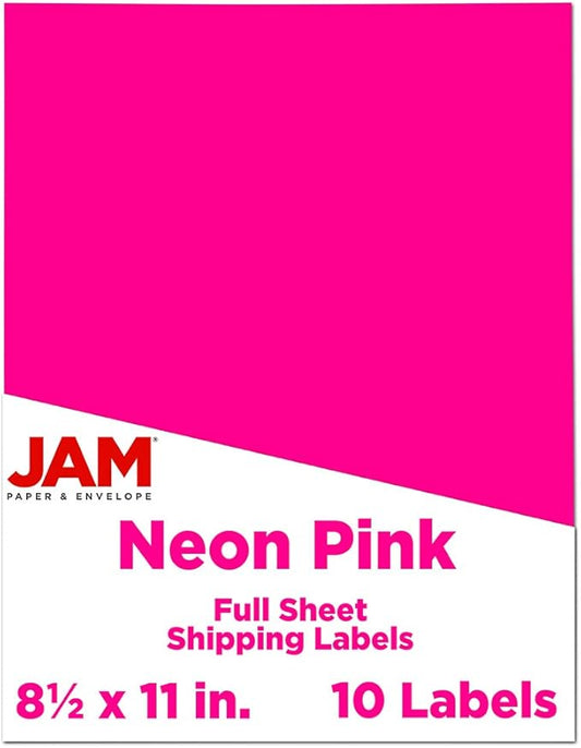 JAM PAPER Full Sheet Shipping Labels - Printable Sticker Paper - 8 1/2 x 11 - Neon Pink - 10 Full Pages/Pack