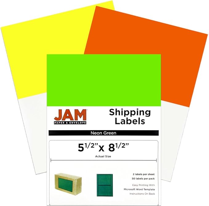 JAM PAPER Shipping Labels - Half Page - 5 1/2 x 8 1/2 - Assorted Bright Neon Colors - 150/Pack