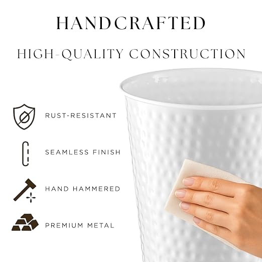 Monarch Abode White Hand Hammered Metal Wastebasket for Home Office Bedroom, Decorative Waste Basket, Modern Bathroom Garbage Can, Durable & Decorative Trash Bin, White Bathroom Trash Can