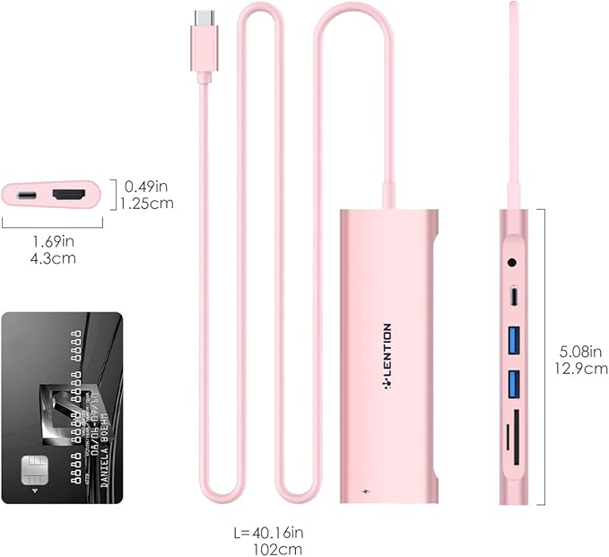 LENTION 3.3FT Long Cable USB C Hub with 4K HDMI, 2 USB 3.0, Card Reader, Aux, Type C Data/Charging Compatible 2023-2016 MacBook Pro, Mac Air/Surface, More, Stable Driver Adapter (CB-C37, Rose Gold)