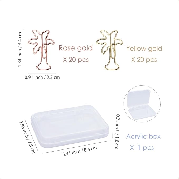 OWLFAVO 40pcs Palm Tree Shape Paper Clips with Clear Box, Rose Gold and Yellow Gold, Funny Cute Paperclips Bookmarks Planner Clips for Fun Office Supplies School Gifts Wedding Decoration