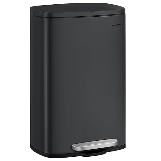 SONGMICS 13 Gallon (50 L) Trash Can, Stainless Steel Kitchen Garbage Can, Recycling or Waste Bin, Soft Close, Step-On Pedal, Removable Inner Bucket, Black ULTB050B01