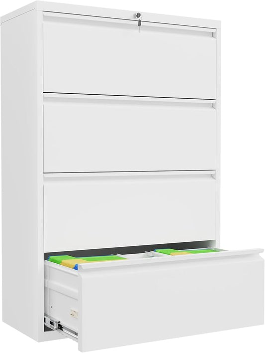 INTERGREAT 4 Drawer File Cabinet, White Lateral File Cabinet with Lock, 36" W Metal Office Filing Cabinet with Adjustable Frame for Legal, Letter, A4 Files