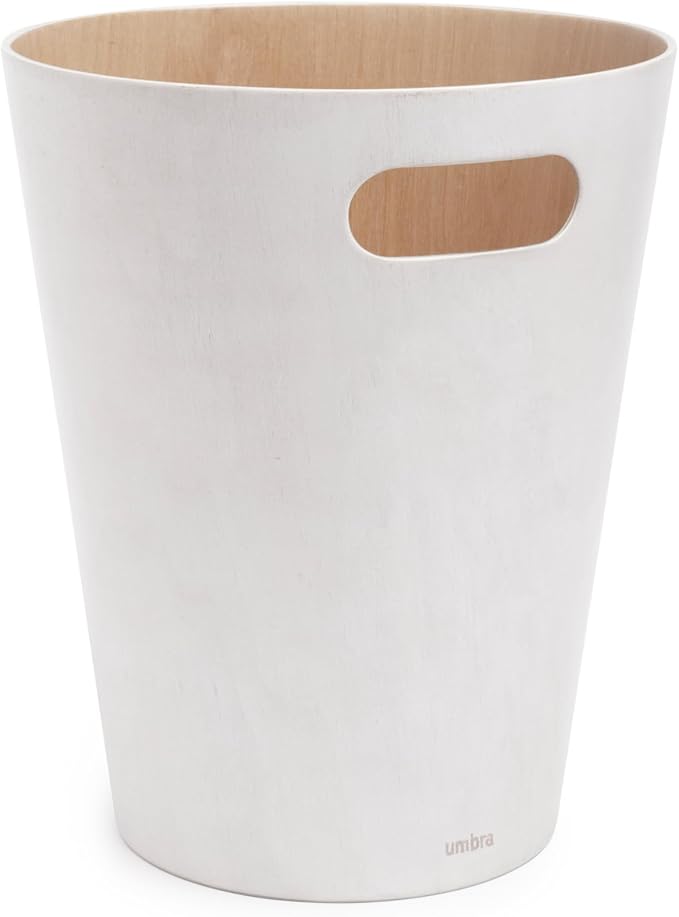 Umbra Woodrow, 2 Gallon Modern Wooden Trash Can Wastebasket or Recycling Bin for Home or Office, White