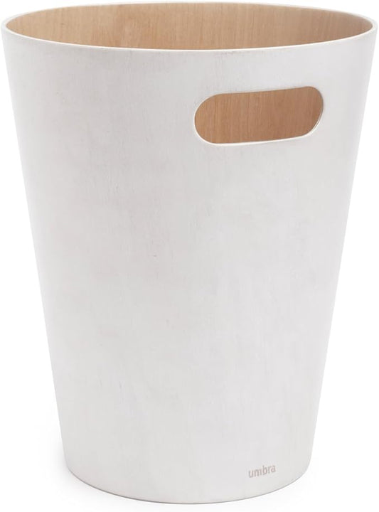 Umbra Woodrow, 2 Gallon Modern Wooden Trash Can Wastebasket or Recycling Bin for Home or Office, White