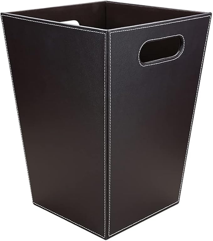 KINGFOM Classic Pu Leather Trash Can Wastebasket, Garbage Container Bin with Handles for Bathrooms, Powder Rooms, Kitchens, Home, Office and and High Class Hotel Square Brown