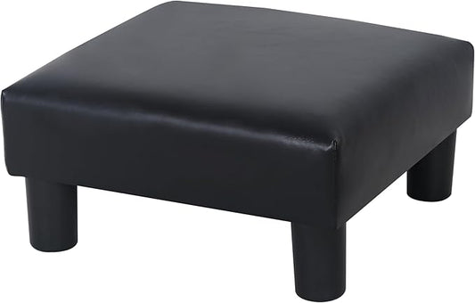 Joveco Small Footstool Ottoman, PU Leather Square Upholstered Footrest with Plastic Legs, Under Desk Foot Stools for Living Room Bedroom Office, Black