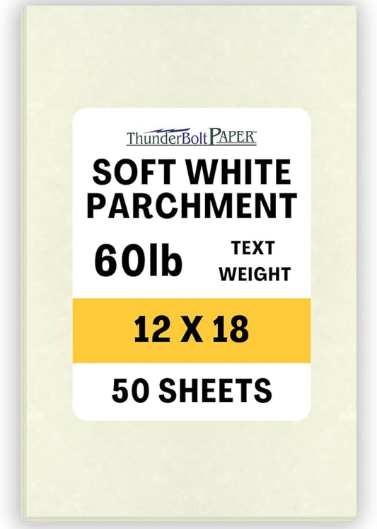 50 Soft White Parchment 60# Text (=24# Bond) Paper Sheets - 12 X 18 Inches Poster | Large Size Size - 60 Pound is Not Card Weight - Vintage Colored Old Parchment Semblance