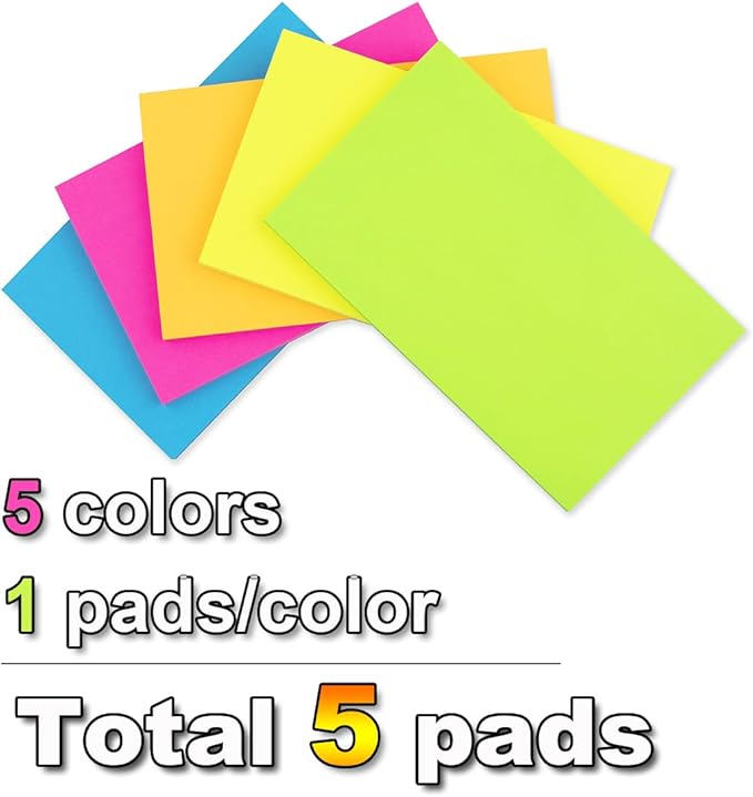(5 Pads) Sticky Notes 3x5 in Bright Stickies Colorful Super Sticking Power Memo Pads Strong Adhesive