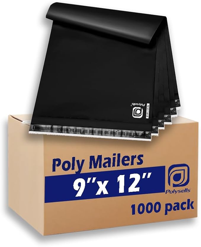 POLYSELLS 1000 pcs 9x12 Inches Black Poly Mailers Shipping Envelopes, Strong Adhesive Sealing, Waterproof, and Tear-resistant Postal Mailing Bags for Clothing, Books, and Accessories