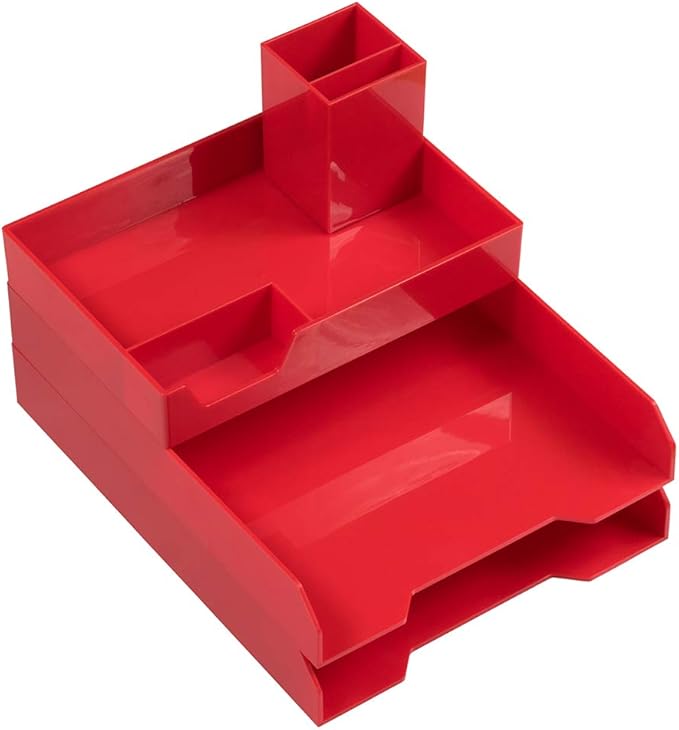 JAM PAPER Stackable Desktop Trays - Red - Office Desk Deluxe Set - 1 Top Tray, 2 Letter Trays, & 1 Pen Holder/Pack