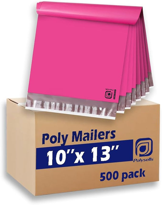 POLYSELLS 500 pcs 10x13 Inches Pink Poly Mailers Shipping Envelopes, Strong Adhesive Sealing, Waterproof, and Tear-resistant Postal Mailing Bags for Clothing, Books, and Accessories