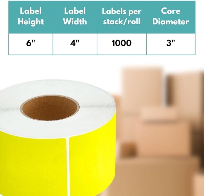 PSBM Thermal Transfer Labels, Yellow, 4x6 Inch, 4 Rolls, 1000 Labels/Roll, 3 Inch Core, Perforated, Must Have Thermal Ribbon (Not Included)
