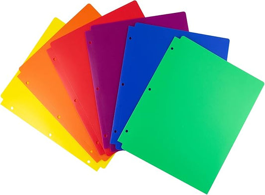 Dunwell Plastic 2-Pocket Folders for 3-Ring Binders, (6 Pack, Assorted Colors) 3 Hole Punched, Divider Folder for Notebook, Durable Poly, Fits 8.5x11 Sheets, Includes Labels