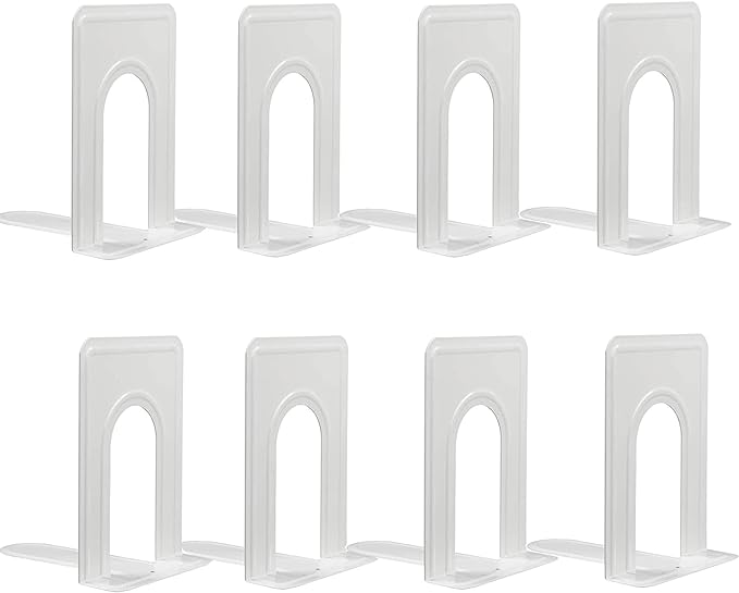 Metal Bookends for Home Office, Book Shelf Holder Home Decorative, Book Ends for Heavy Books/Movies/CDs, White 6.5 x 5 x 5.7 in, 4 Pair/ 8 Piece