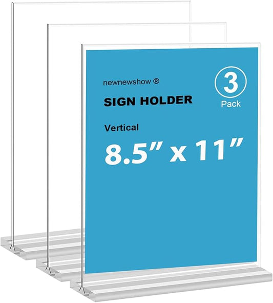 newnewshow 8.5x11 Clear Acrylic Sign Holder, Display Stand, Plastic Card Holder for Business, Office, Retail (3 Pack 8.5x11)
