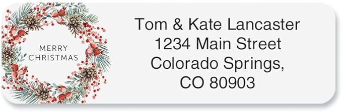 Christmas Berry Wreath Standard Rolled Address Labels - Set of 125 2 1/2" x 3/4" Rolled Labels