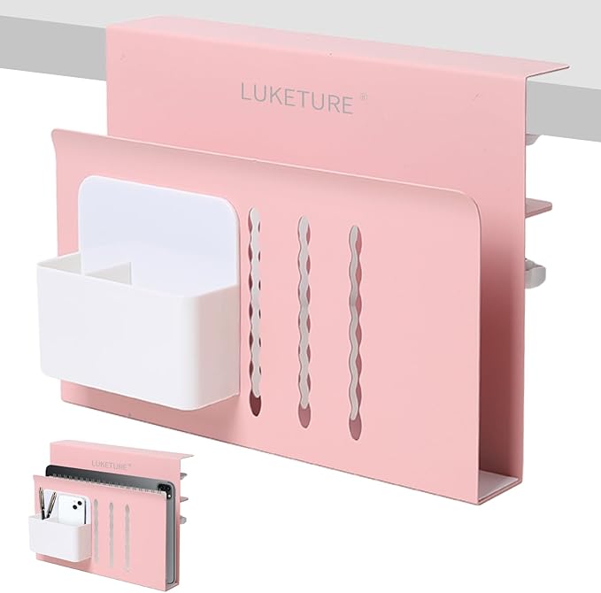 LUKETURE Desk Side Storage, Steel Side Desk Organizer, No Drill Workspace Organizers, Clamp on Computer Desk Accessories, with Magnetic Pen Holder, Fits Flat Edge Tables 0.3" to 2.8"