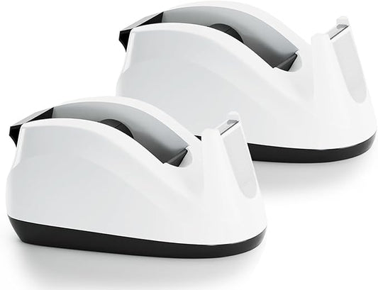 Heavy Base Nonskid Desk Tape Dispenser One-Hand Dispensing, White, 2 Pack