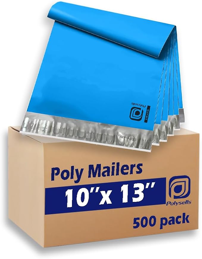 POLYSELLS 500 pcs 10x13 Inches Blue Poly Mailers Shipping Envelopes, Strong Adhesive Sealing, Waterproof, and Tear-resistant Postal Mailing Bags for Clothing, Books, and Accessories