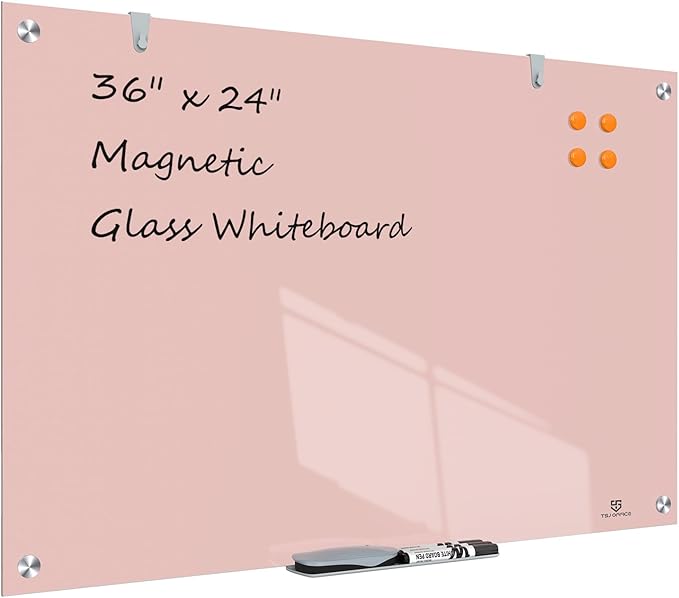 TSJ OFFICE Glass Dry-Erase Board - 36 x 24 Inches Wall Mounted Magnetic Whiteboard, Large Frameless Glass White Board for Office, Home & School, Pink