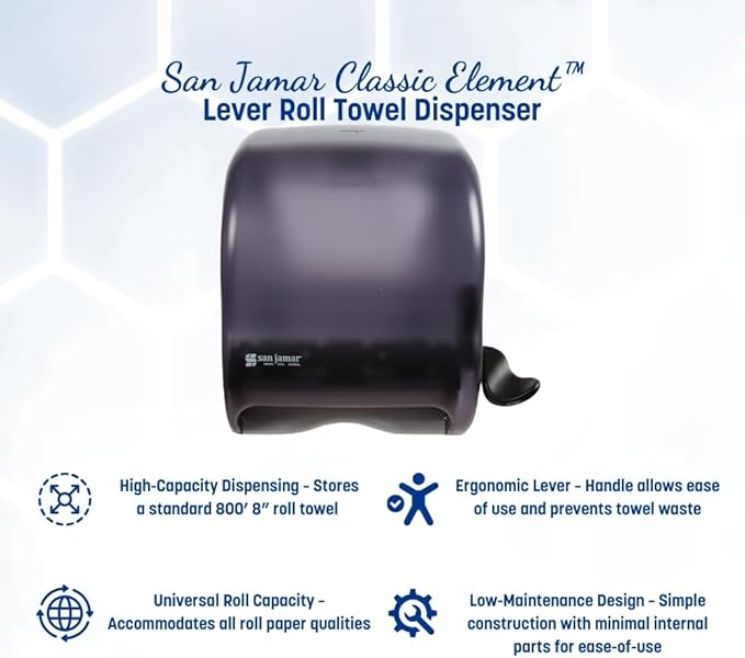 San Jamar Classic Element Paper Towel Dispenser Wall-Mounted Commercial Roll Dispenser, Fits All Core Sizes with Lever for Bathroom, Kitchens, and Restaurants, Plastic, Universal Paper, Black Pearl