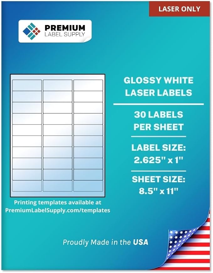 Premium Label Supply Glossy White Address Sticker Labels – 2.625" x 1" – (30 per Sheet) (Glossy White for Laser Only, 15,000 Labels)