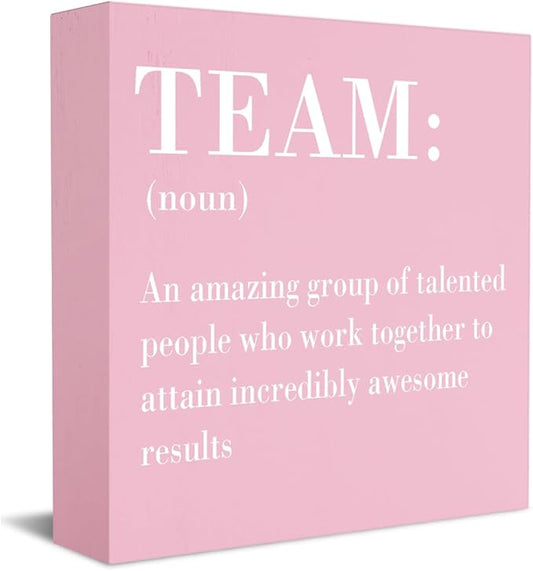 HTBIG Inspirational Team Noun Office Decor Desk Decor Wooden Box Sign Rustic Pink Wood Block Plaque Box Sign for Home Office Desk Shelf Table Decoration Coworker Gift Team Definition Teamwork Sign
