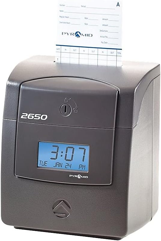 Pyramid Time Systems - Pyramid Technologies 2650 Pro Auto Aligning Time Clock, Bundle Includes: 25 Time Cards, Ribbon and 2 Security Keys - Charcoal (5 "h x 7.25 "w x 8.5" d)