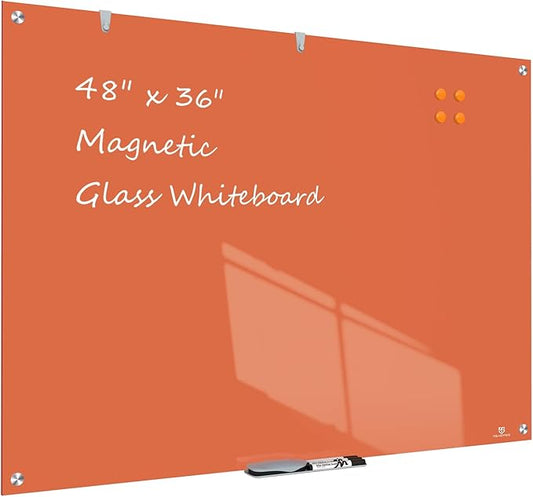 TSJ OFFICE Glass Dry-Erase Board - 48 x 36 Inches Wall Mounted Magnetic Whiteboard, Large Frameless Glass White Board for Office, Home & School, Orange