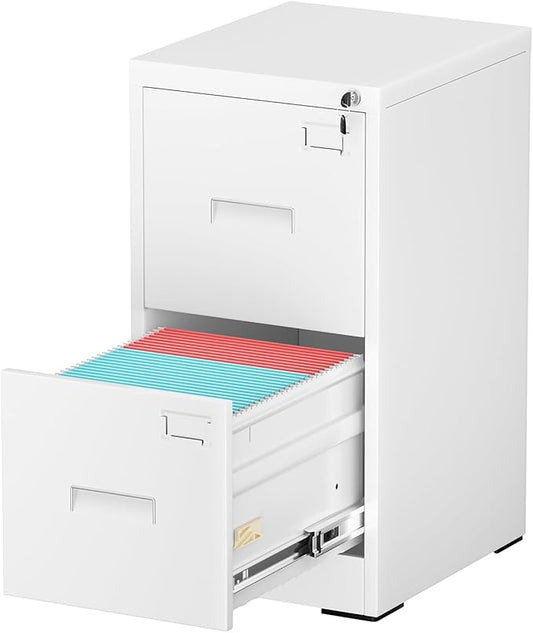 INTERGREAT 2 Drawer File Cabinet, White Metal Filing Cabinet with Lock, Lockable Narrow Storage Cabinet with 4 Adjustable Hanging Rods for Home Office